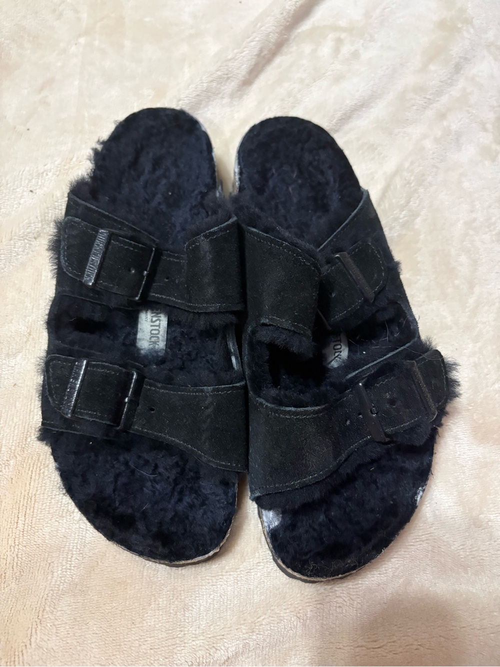 Birkenstock Black Furry Double-Buckle Slide Sandals